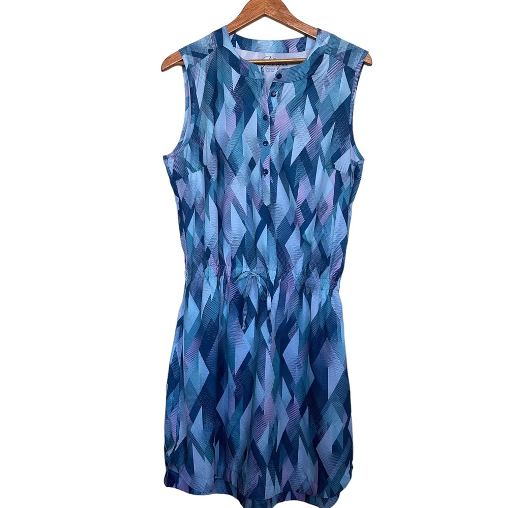 Gerry Women’s Sz L Sleeveless Stretch Drawstring Waist Dress Geometric Print